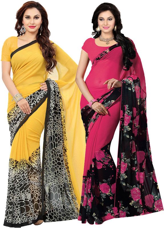 Graphic Print, Floral Print Bollywood Georgette Saree  (Pack of 2, Pink, Yellow)