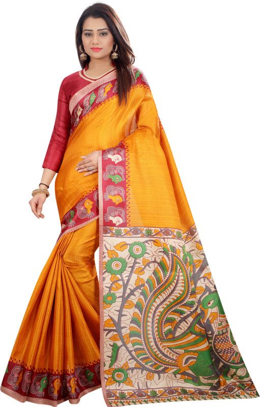 Graphic Print Kalamkari Silk Blend, Art Silk Saree  (Mustard)