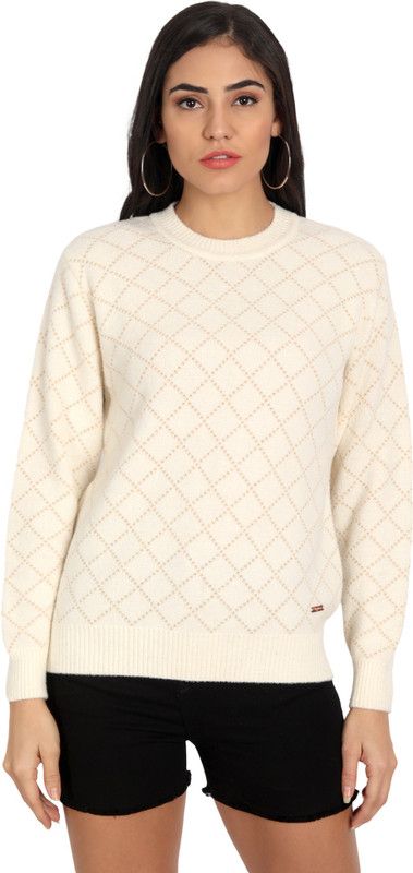 Women Checkered Round Neck White Sweater