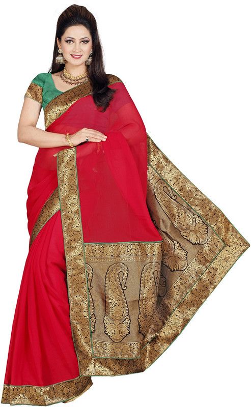 Floral Print Bollywood Chiffon Saree  (Red)