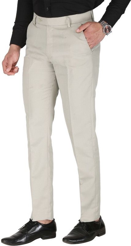 Men Slim Fit Cream Viscose Rayon Trousers