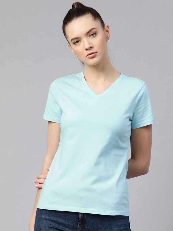 Women Solid V Neck Pure Cotton Blue T-Shirt