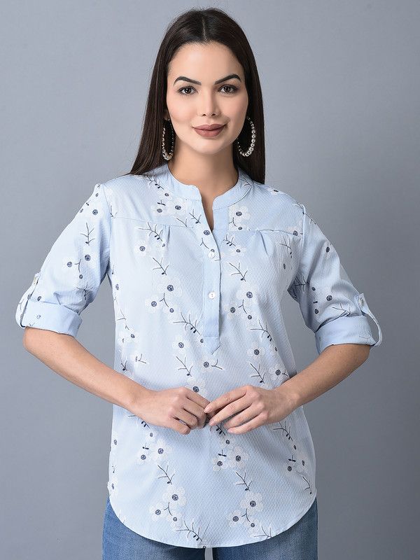 Casual Regular Sleeves Printed Women Light Blue Top