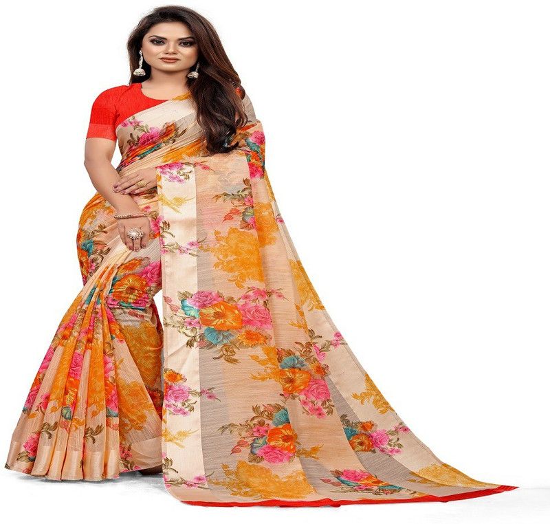 Printed Bollywood Nylon Saree  (Orange)