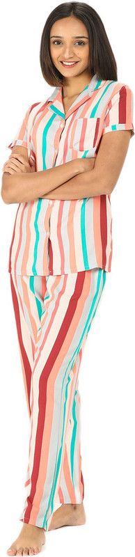 Women Shirt & Pyjama set Green Striped
