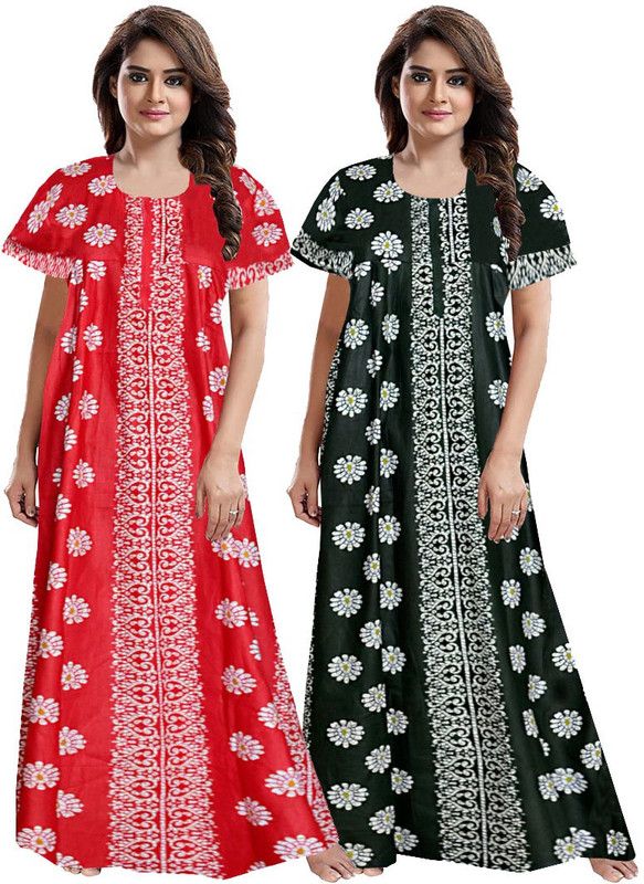 Pack of 2 Women Nighty  (Red, Dark Green)