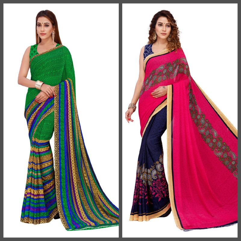 Geometric Print, Floral Print Daily Wear Georgette Saree  (Green, Pink)