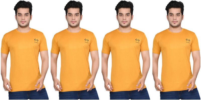 Pack of 4 sportwear Men Solid Round Neck Cotton Blend Yellow T-Shirt