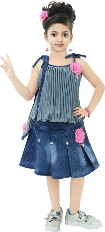 Girls Casual Skirt Top, Slingbag  (Grey)