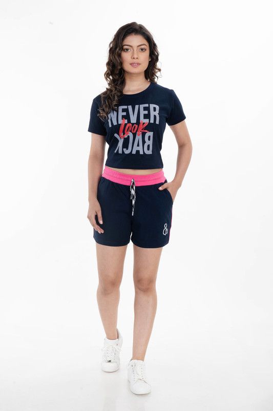 Women Top & Shorts Set Dark Blue Printed