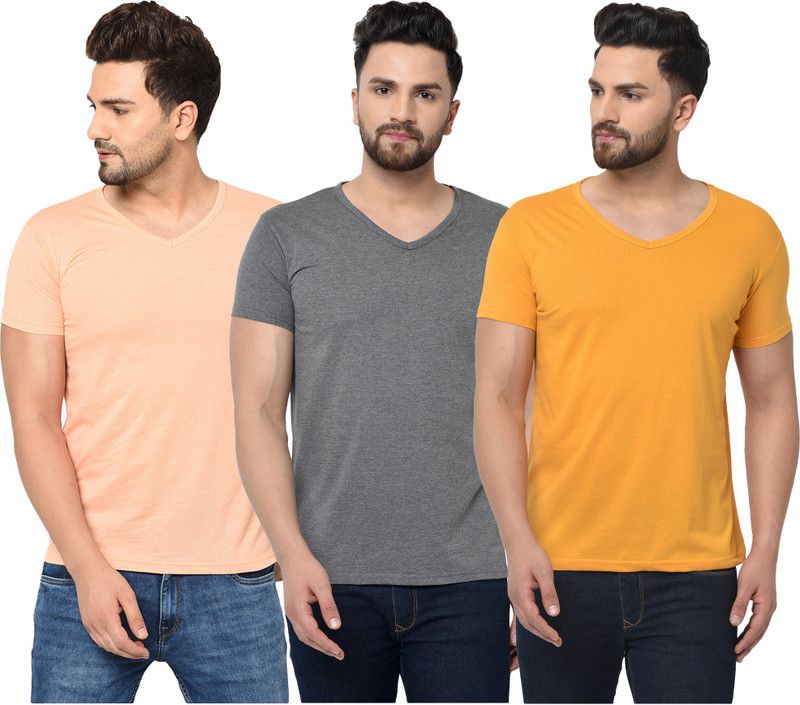 Pack of 3 V neck Combo T-shirts Multicolor Men Solid V Neck Cotton Blend Orange, Grey, Yellow T-Shirt