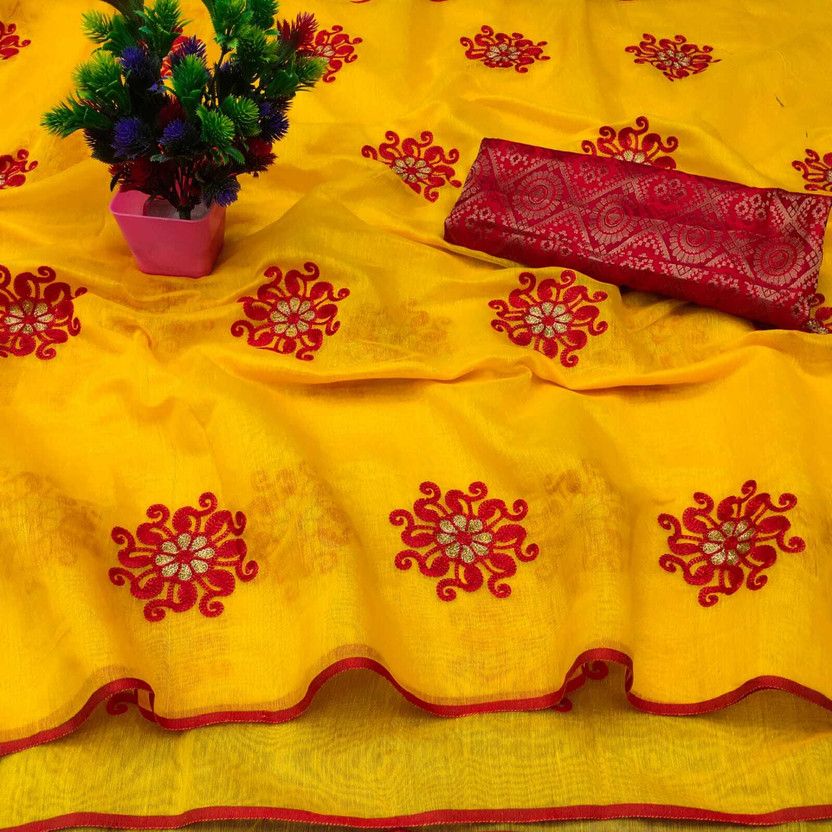 Embroidered Bollywood Chanderi Saree  (Yellow)