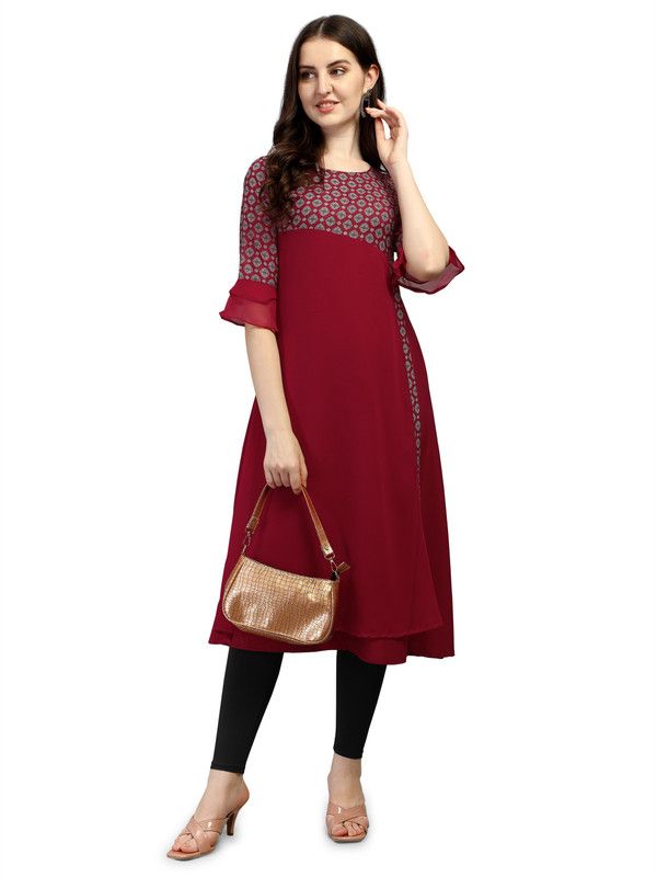 Women Printed Crepe A-line Kurta  (Red)