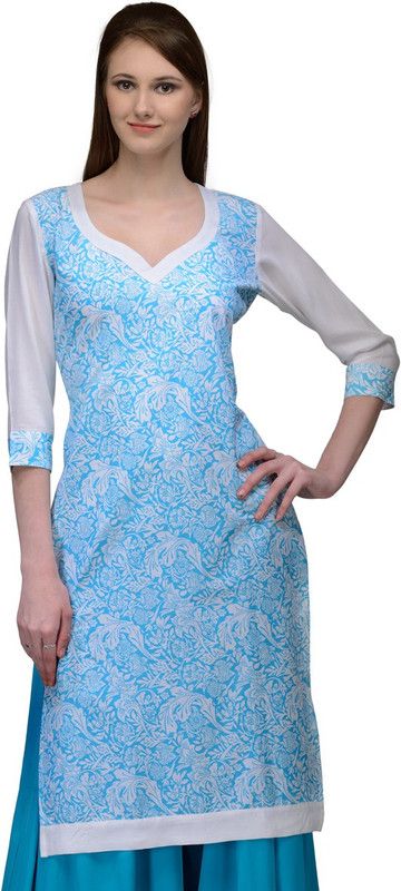 Women Printed Viscose Rayon Straight Kurta  (White, Blue)