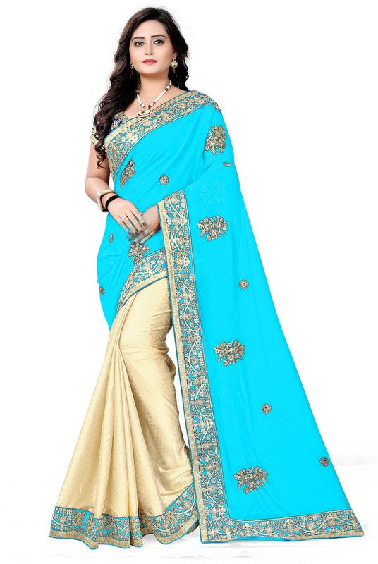 Embroidered Bollywood Georgette, Cotton Blend Saree  (Beige, Light Green)