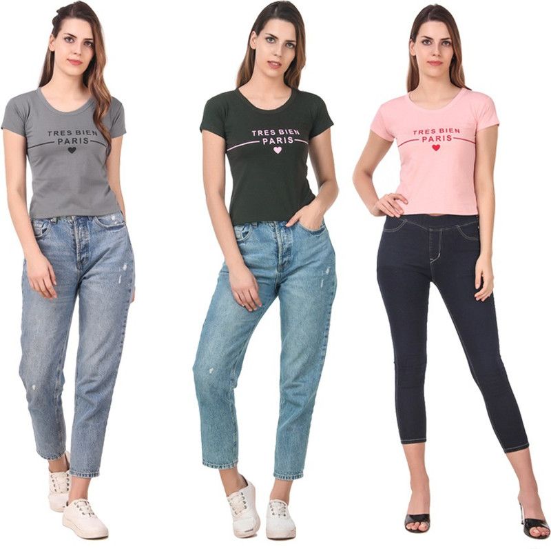 Pack of 3 Women Typography Round Neck Cotton Blend Green, Pink, Grey T-Shirt