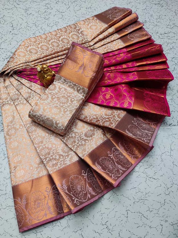 Woven Banarasi Art Silk Saree  (Pink, Cream)