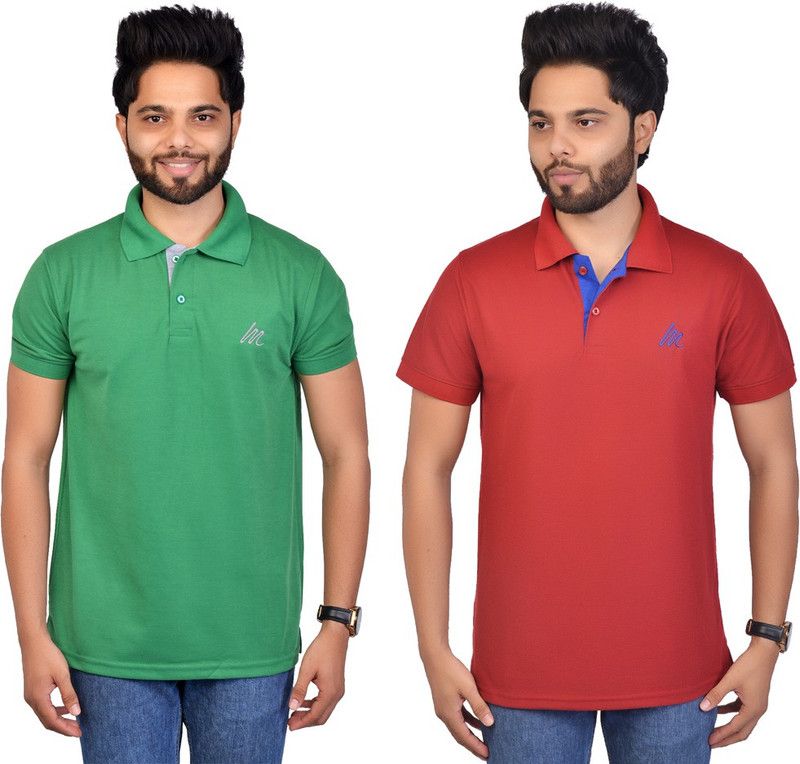 Pack of 2 Men Solid Polo Neck Cotton Blend Green, Maroon T-Shirt