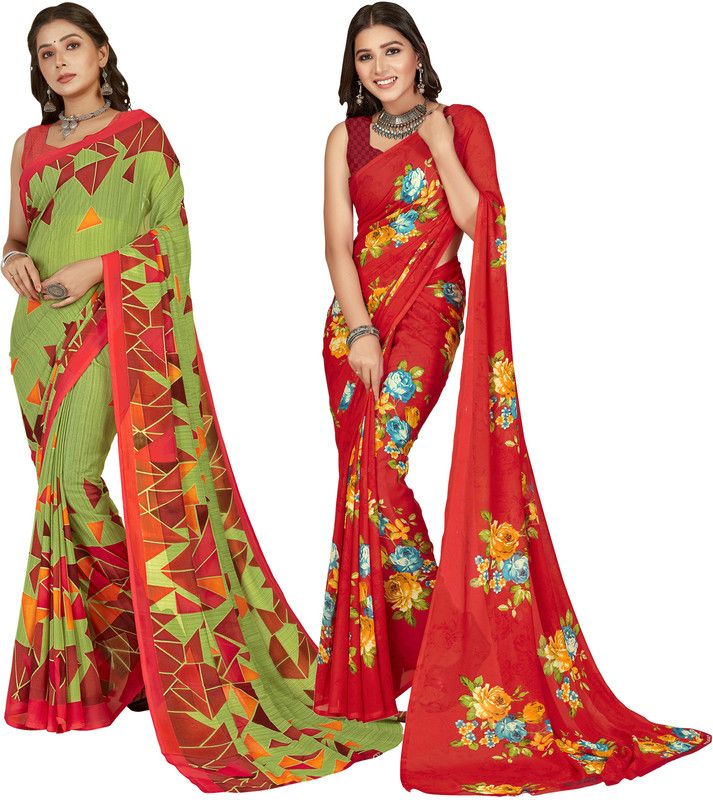 Floral Print, Paisley, Ombre, Striped, Geometric Print Fashion Georgette Saree  (Pack of 2, Red, Multicolor)