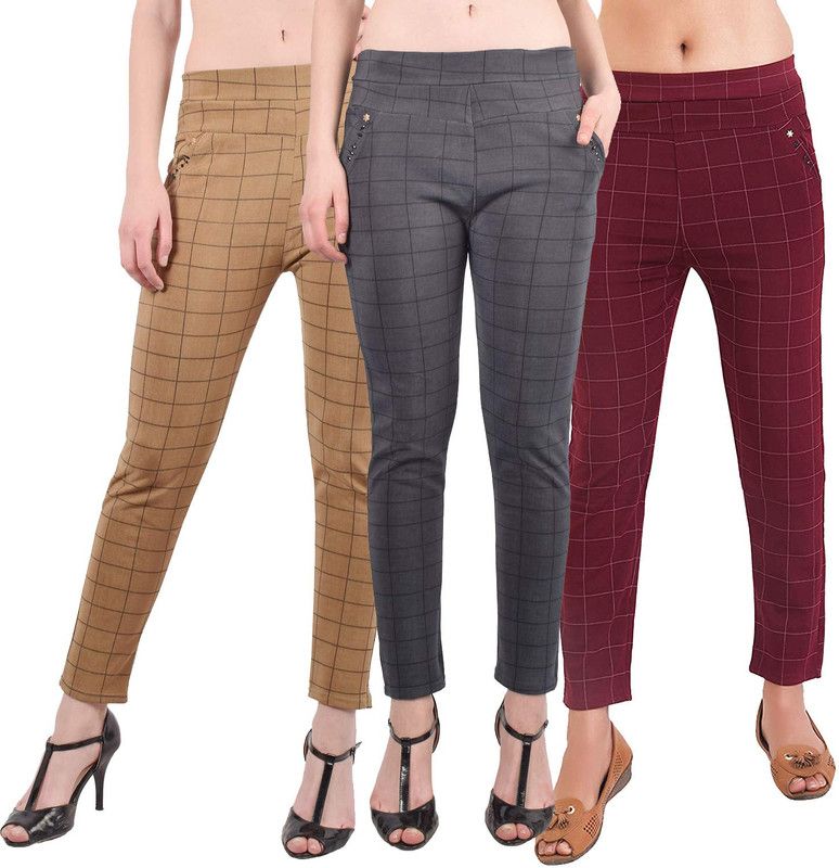 Pack of 3 Women Slim Fit Beige, Maroon, Grey Polycotton Trousers