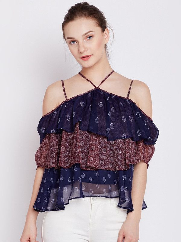 Party Layered Printed Women Blue, Brown Top