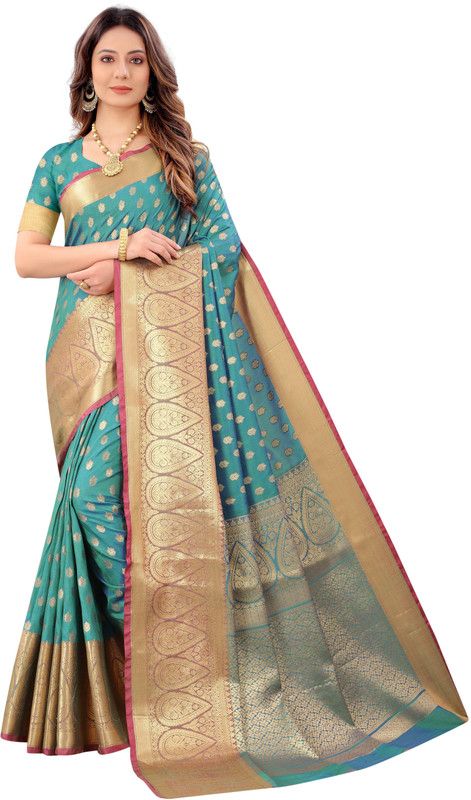 Woven Fashion Silk Blend Saree  (Green)