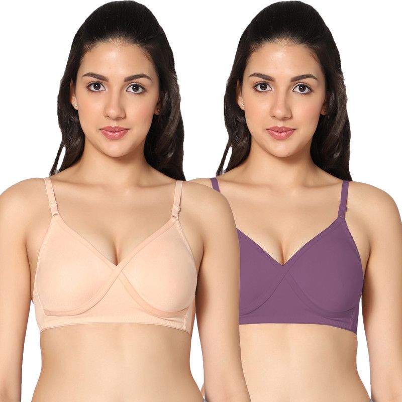 Women T-Shirt Non Padded Bra  (Beige, Purple)