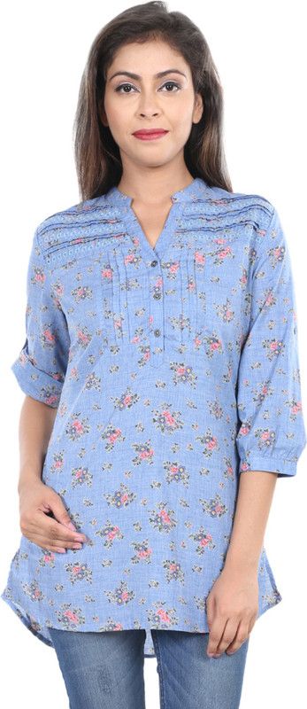 Casual Roll Up Sleeves Floral Print Women Blue Top