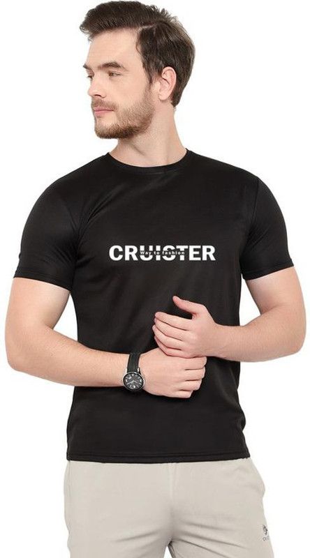 Men Typography Round Neck Elastane Black T-Shirt