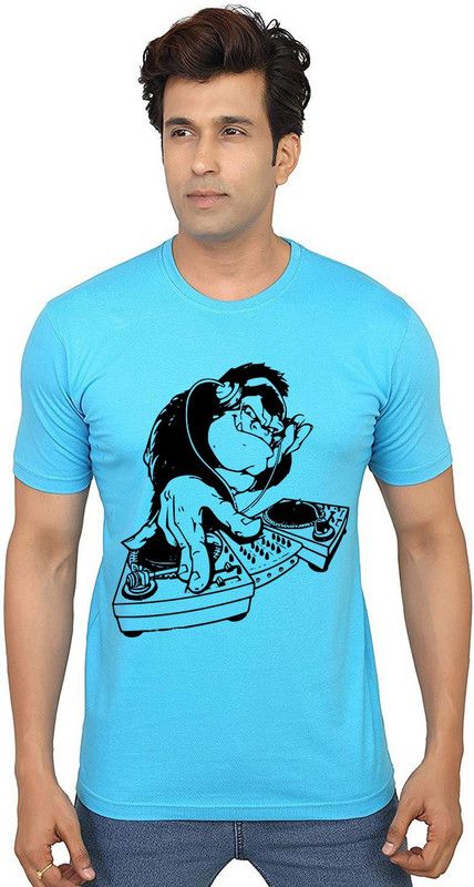 Dj Turntable Men Graphic Print Round Neck Pure Cotton Light Blue T-Shirt