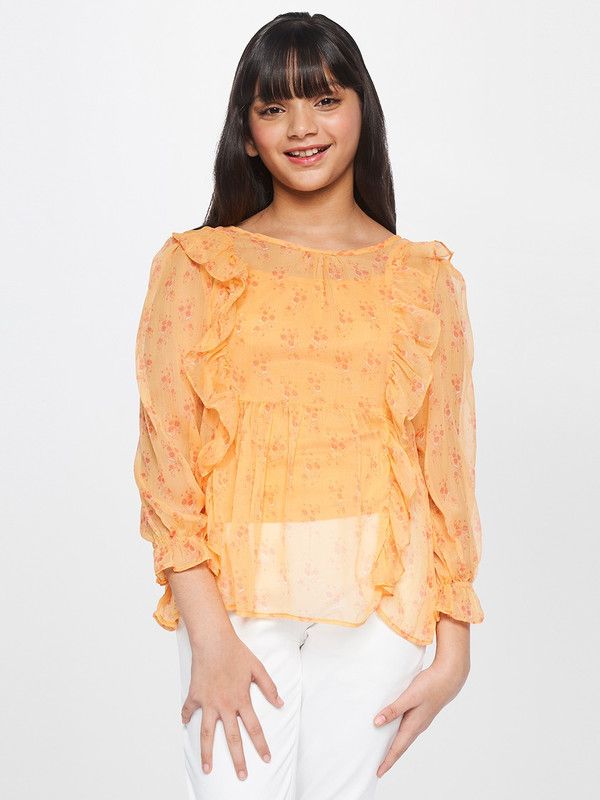 Girls Casual Polyester Full Sleeve Top  (Orange, Pack of 1)