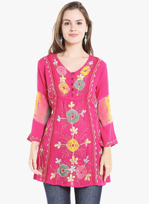 Casual Regular Sleeves Embroidered, Tie & Dye Women Pink Top