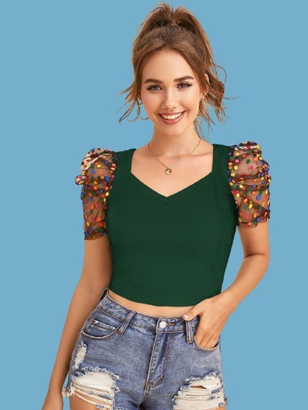 Casual Puff Sleeves Embellished Women Green Top