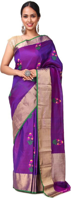 Embroidered Banarasi Pure Silk Saree  (Purple)