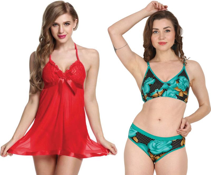Babydoll Set Self Design, Floral Print Red, Light Green Lingerie Set