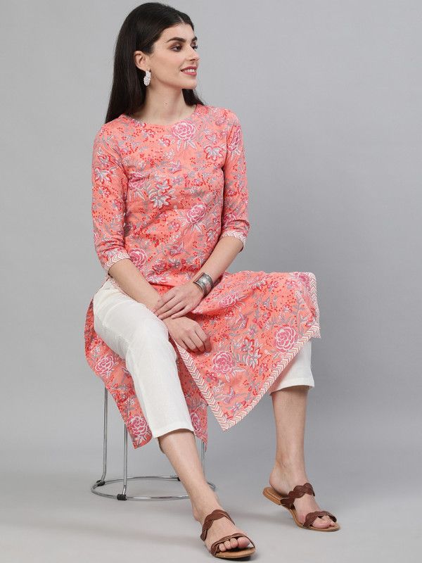 Women Printed Viscose Rayon Asymmetric Kurta  (Pink)