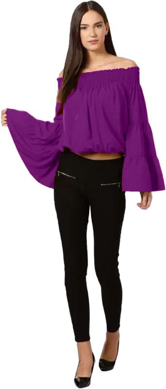 Casual Flute Sleeves Solid Women Purple Top