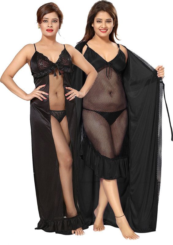 Pack of 3 Women Nighty Set  (Black)