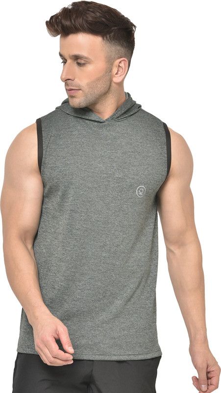 Men Solid Hooded Neck Polyester Grey T-Shirt
