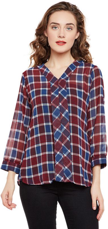 Casual Regular Sleeves Checkered Women Red, Blue Top