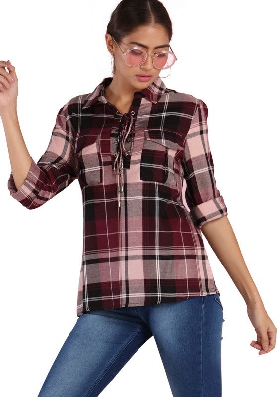 Casual Roll Up Sleeves Checkered Women Maroon Top