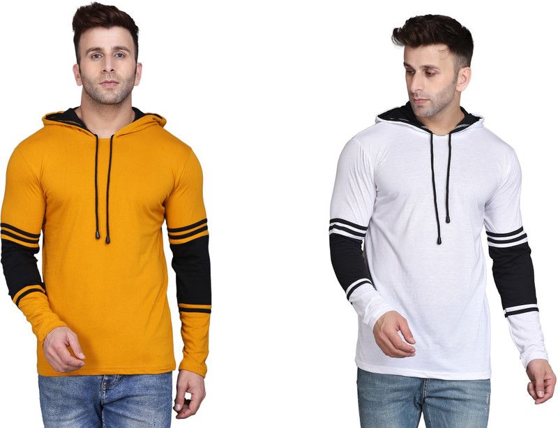 Pack of 2 Men Solid Hooded Neck Cotton Blend White, Yellow T-Shirt