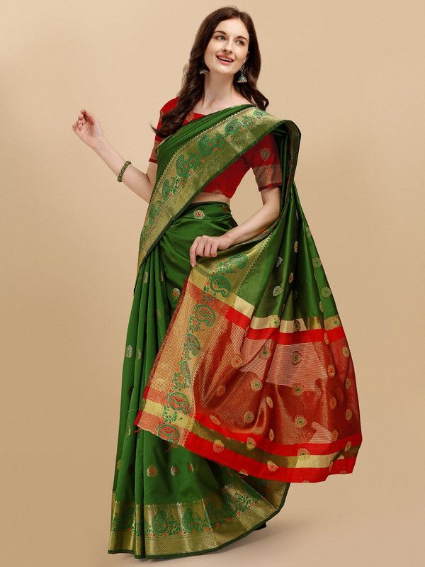 Self Design, Woven Banarasi Cotton Blend, Silk Blend Saree  (Dark Green, Red)