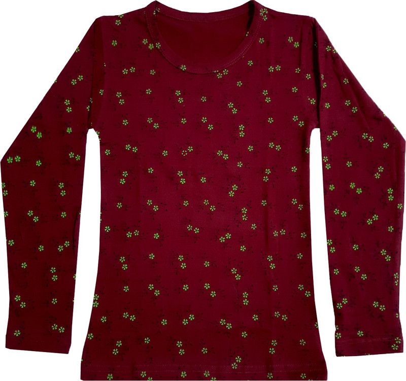 Girls Printed Pure Cotton T Shirt  (Maroon, Pack of 1)