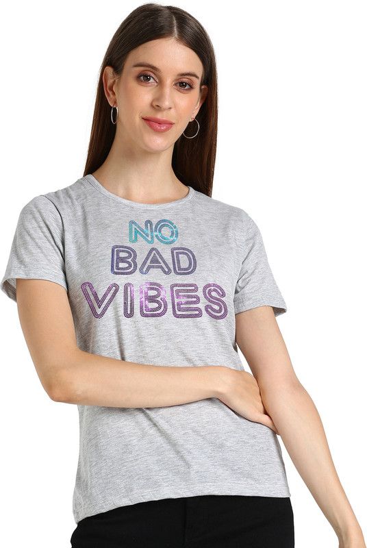 STS 25 Women Printed Round Neck Pure Cotton Grey T-Shirt