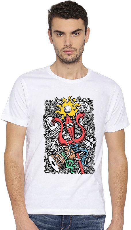 Shiva Trishul Men Printed Round Neck Poly Cotton White T-Shirt