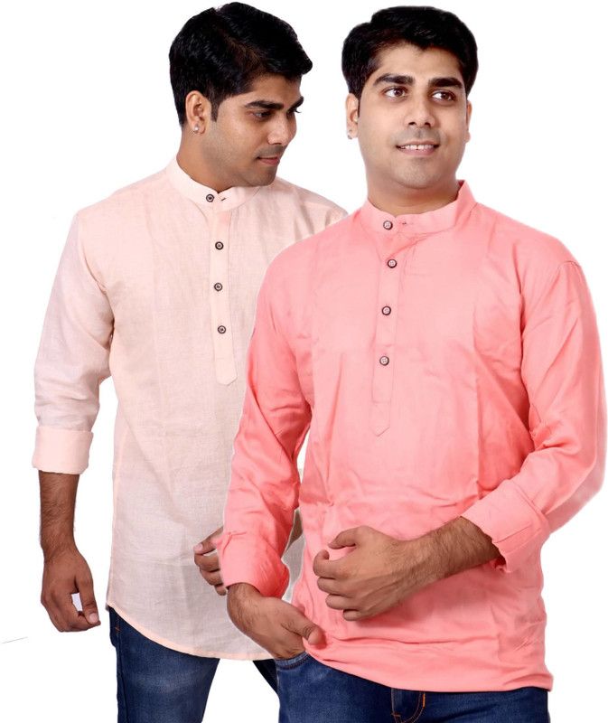 Pack of 2 Men Solid Cotton Blend Straight Kurta  (Pink)