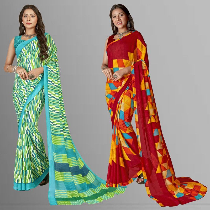Floral Print, Paisley, Striped, Ombre, Printed Daily Wear Georgette Saree  (Pack of 2, Light Blue, Green, Multicolor)