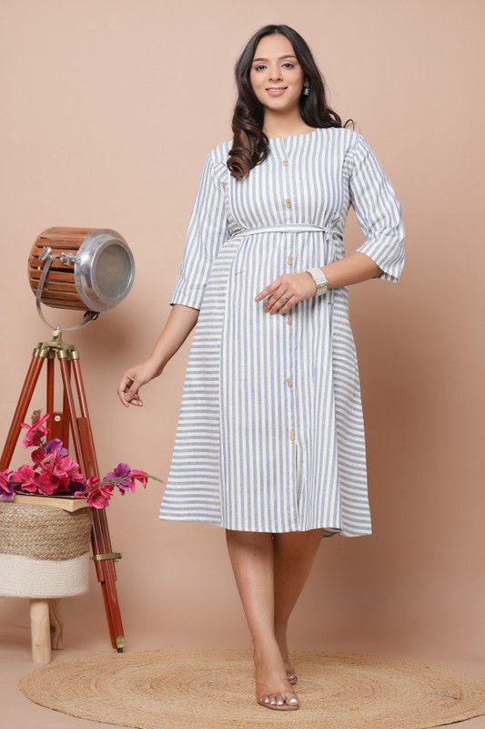 Women Fit and Flare White, Grey Dress