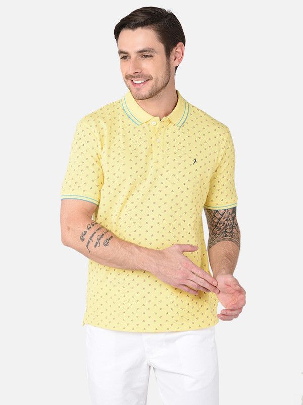 Men Printed Polo Neck Poly Cotton Yellow T-Shirt